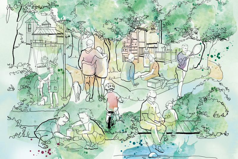 Illustration av ett grönområde med lekande barn, strosande par och sportande ungdomar.