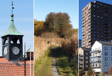 Kollage av klockstapel, grönområde och höghus