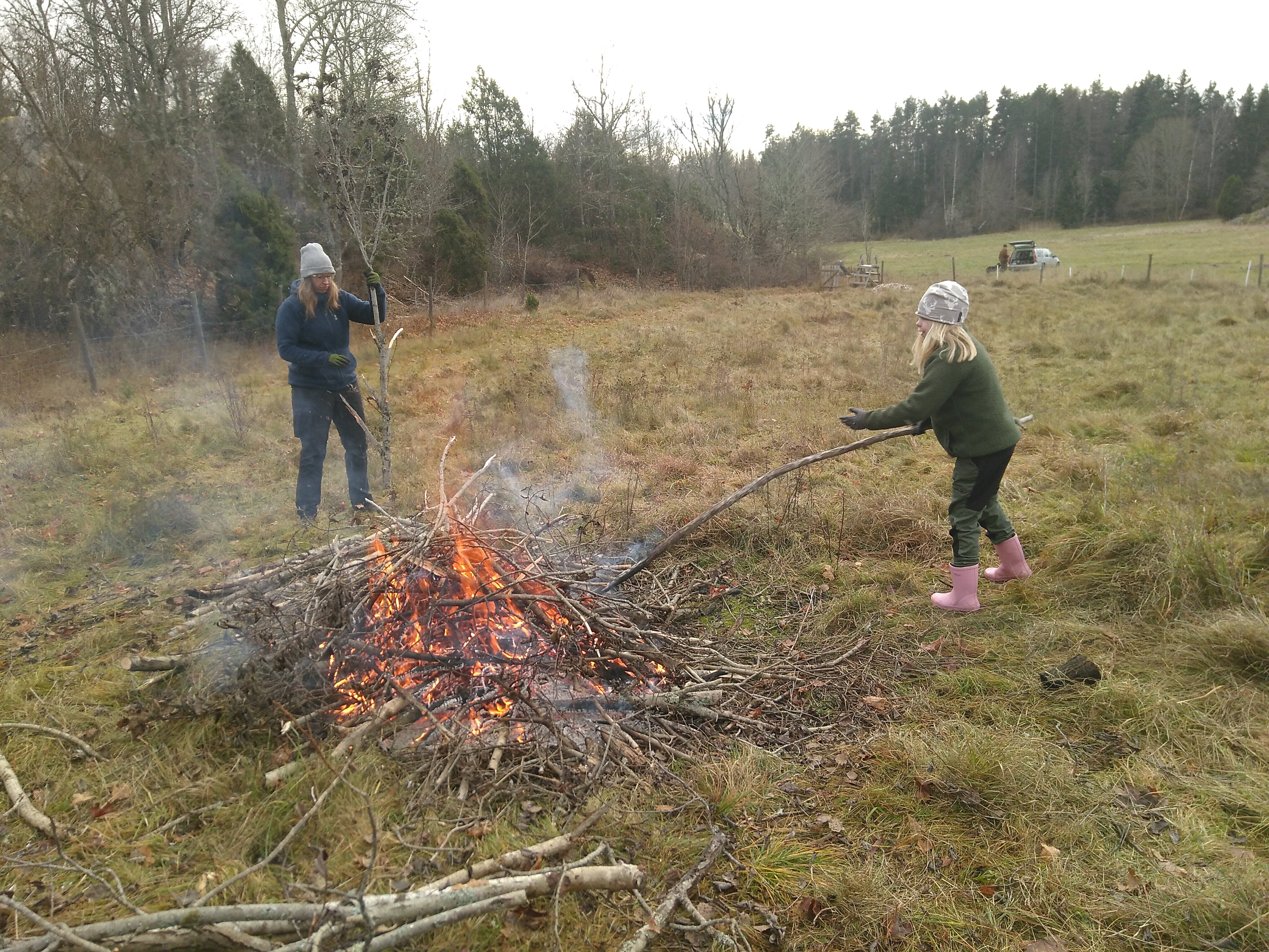 Här röjer vi runt torpgrunden och eldar sly m m