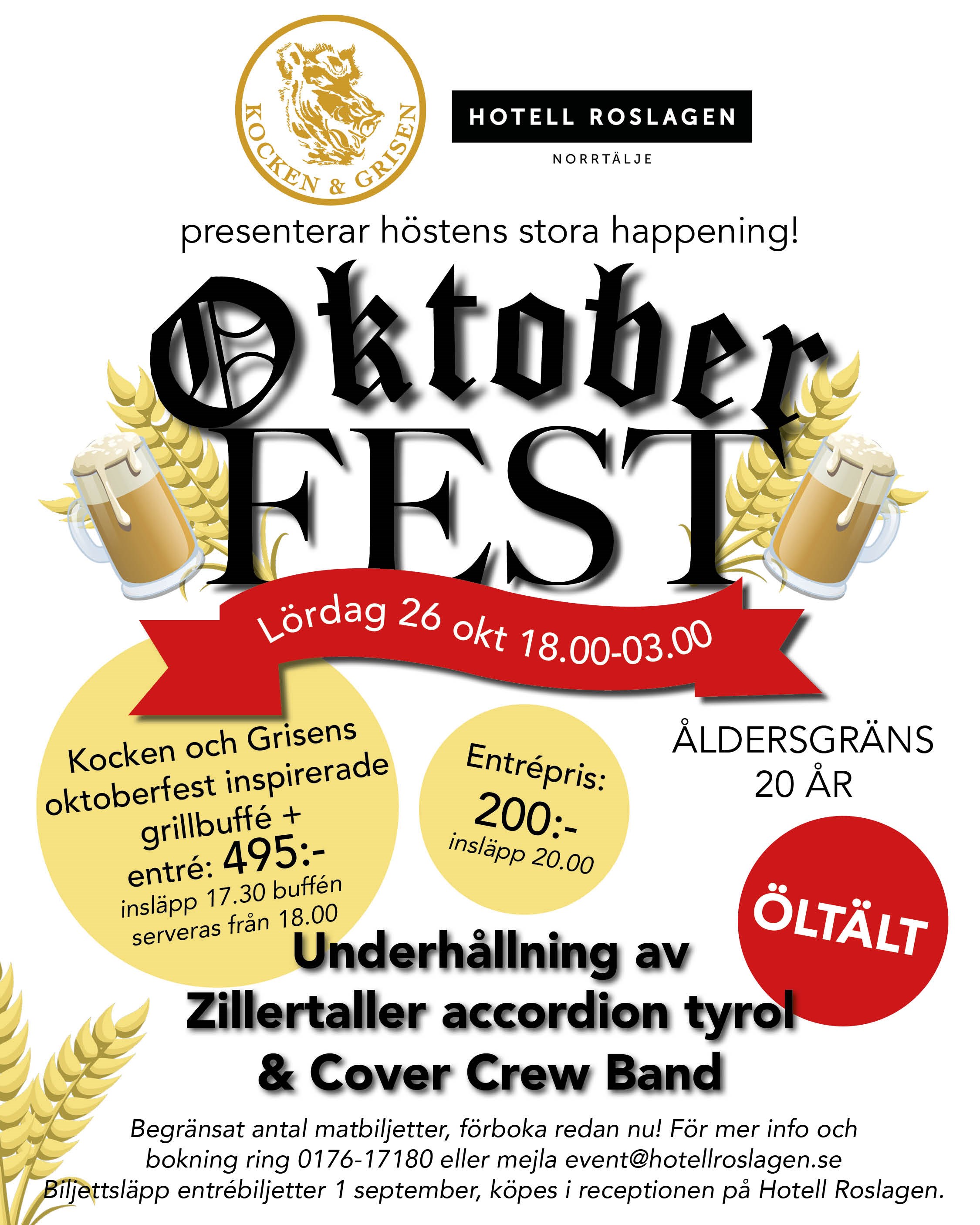 Oktoberfest Hotell Roslagen Lördag 26 oktober klockan 18.00-03.00