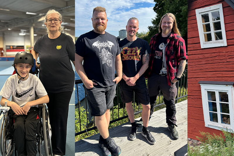 Montage av tre bilder, pojke i rullstol och kvinna, tre män i metalband står vid staket, en röd kulturhistorisk  byggnad.