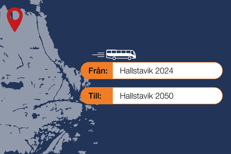 illustration av norrtäljekarta med en pin på hallstavik, en buss och texten från hallstavik 2024 till hallstavik 2050.