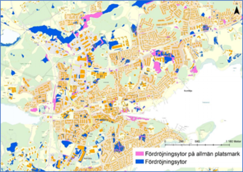 Karta som visar fördröjningsytor för översvämningshantering