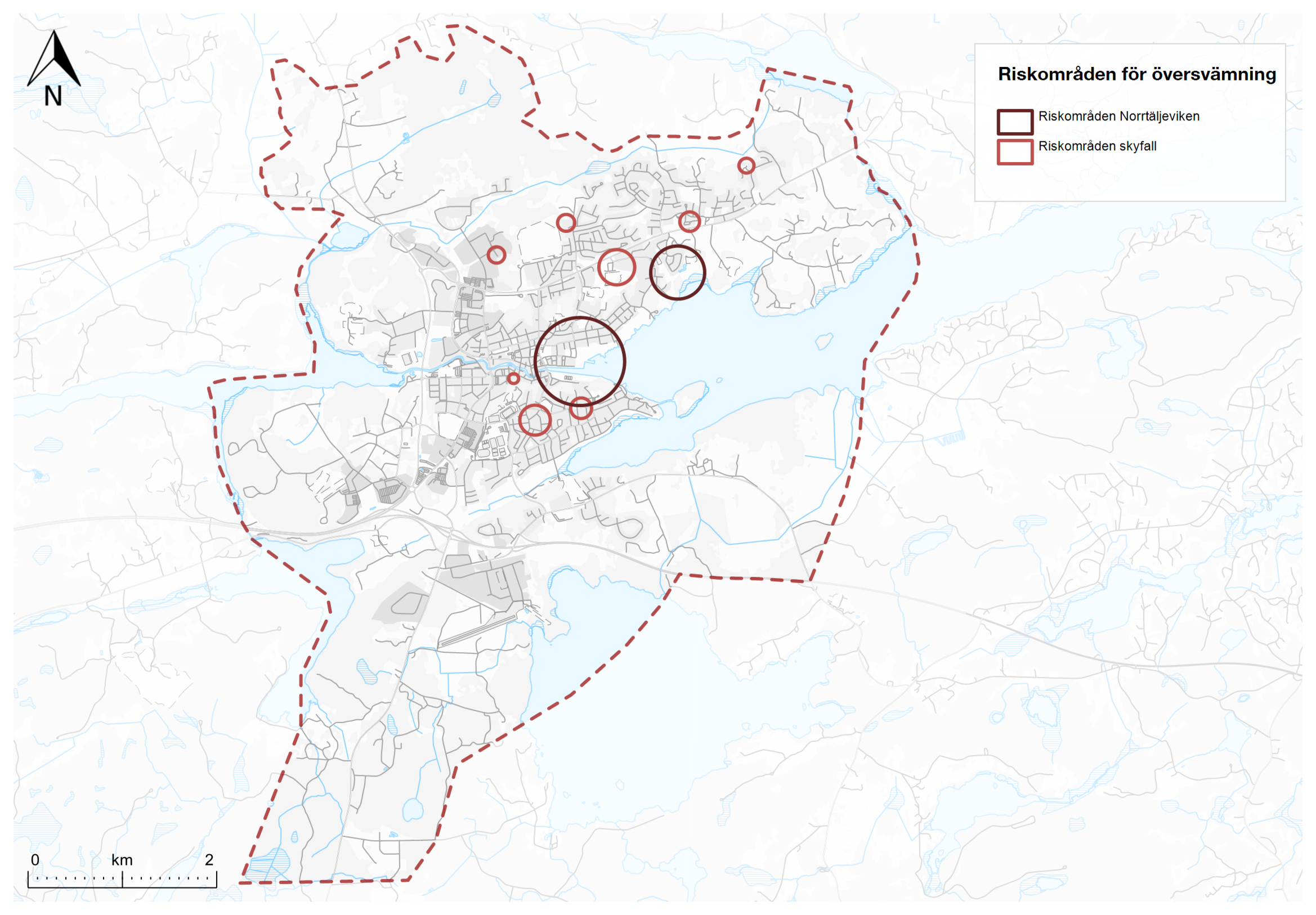 Karta med ringar som visar riskområden för översvämning från skyfall och norrtäljeviken