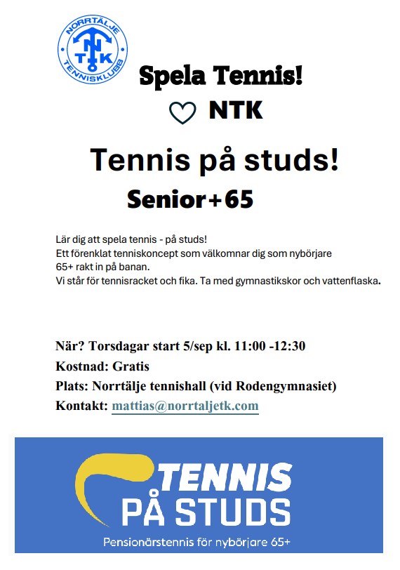 Affisch tennis på studs! Pensionärstennis för nybörjare 65+