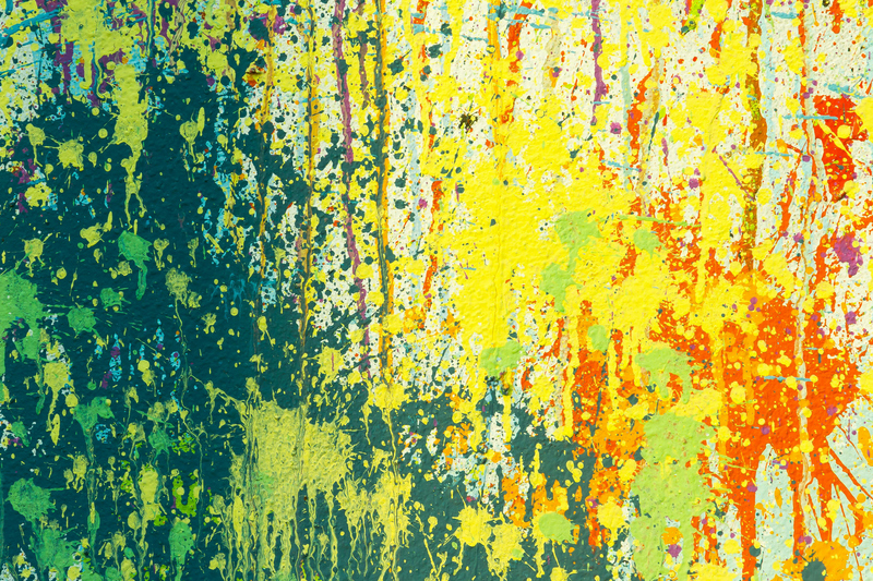 Skapande skola program 2024-25. Målning, abstrakt motiv i grönt gul och orange. 