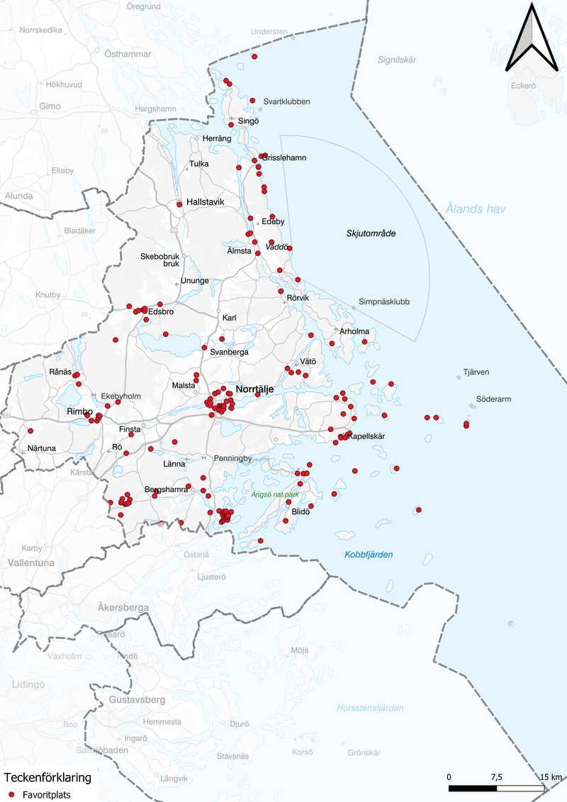 Kartan över favoritplatser i kommunen enligt resultat från den tidiga medborgardialogen